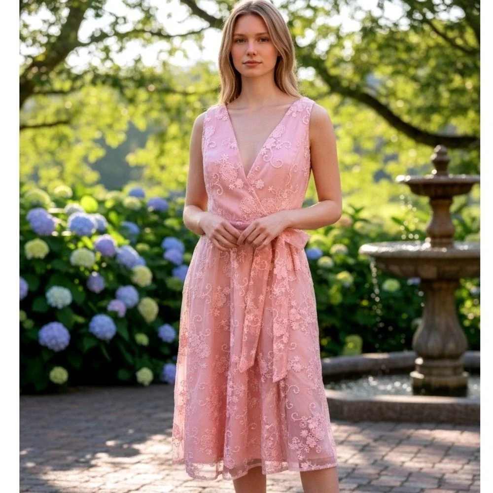 Fehaute SZ6 Pink Floral Lace Midi Dress Wrap V-Neck Sleeveless Pockets lined Bow